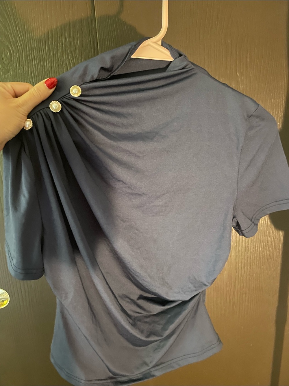 SHEIN Navy Short Sleeve Top with Pearl Button Accents